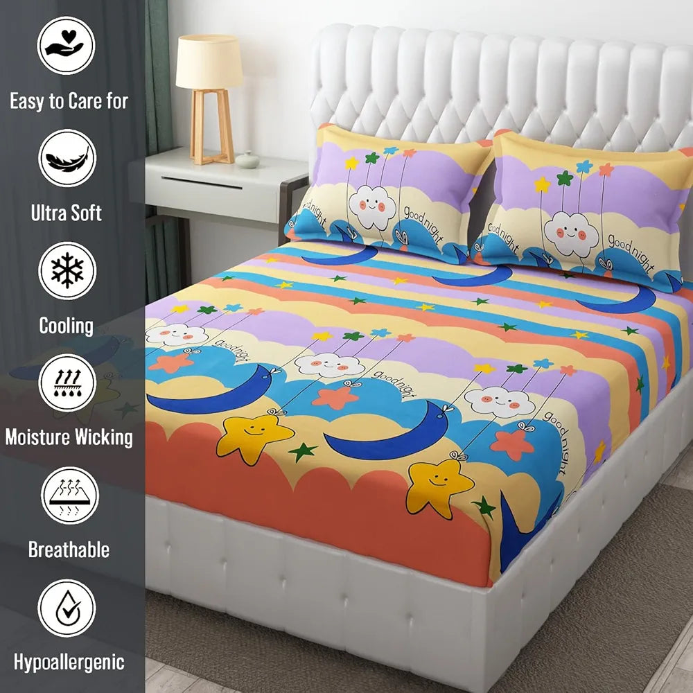 Fresh From Loom Animal 300 TC Elastic Fitted Bedsheet for Kids with Two Pillow Cover Moon Gud Night Queen Gud Night Multi Color