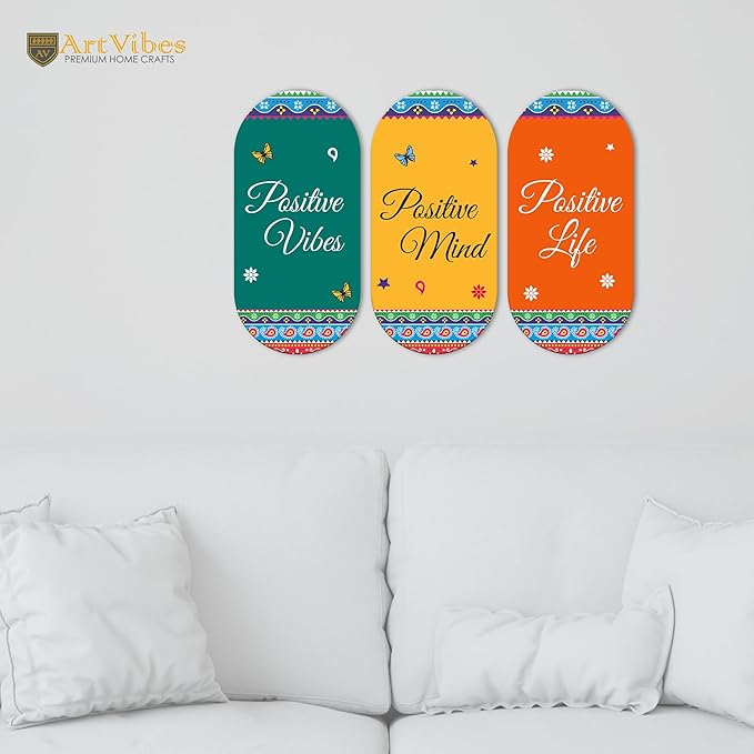 Artvibes Positive Quotes Printed Wooden Wall Hanger for Home | Modern Decoration Items | Artworks | Set of 3