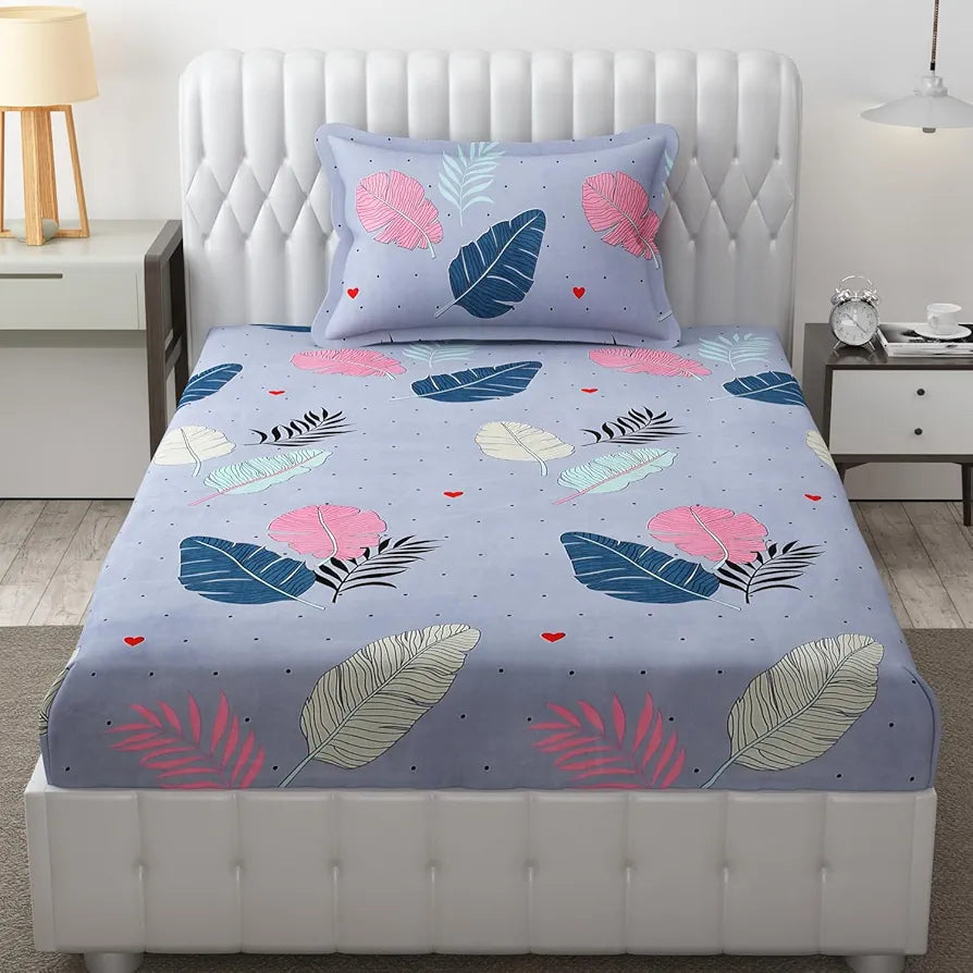 Fresh From Loom Floral Microfiber Single Size Single Bedsheet with 1 Pillow Covers 144 TC Zenith Blue