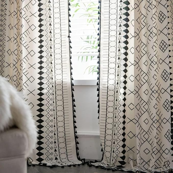 Huesland Cotton Curtains for Windows, 5 Feet Long 1 Bohemian Eyelet Curtain | Boho Tribal White & Black