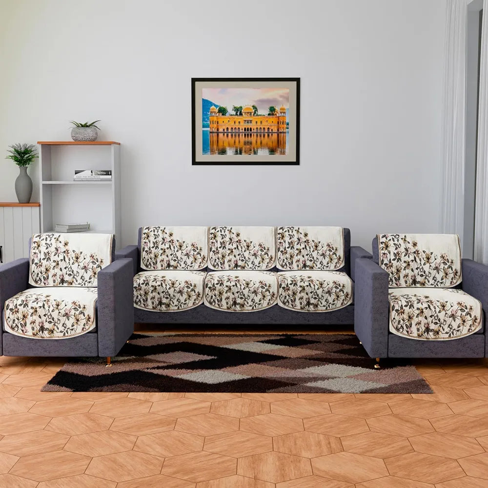 Kuber Industries Velvet Sofa Cover Set 5 Seater Couch Slipcover With Side Flower Design for Living Room Cream