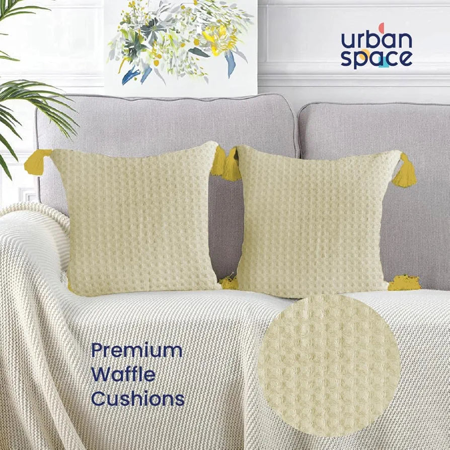 Urban Space Waffle Cotton Cushion Cover Set of 2 Cushion Covers for Sofa, Bedroom, Living Room Waffle Beige