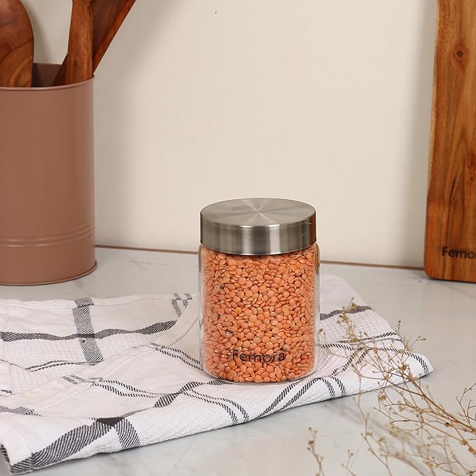 Femora Kitchen Storage Jars Borosilicate Glass With Steel Lid Air Tight Jar | 350 Ml | Pack of 2