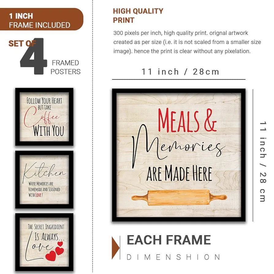 Kotart Meals & Memories Frames for Wall Decor Motivational Quotes Set of 4