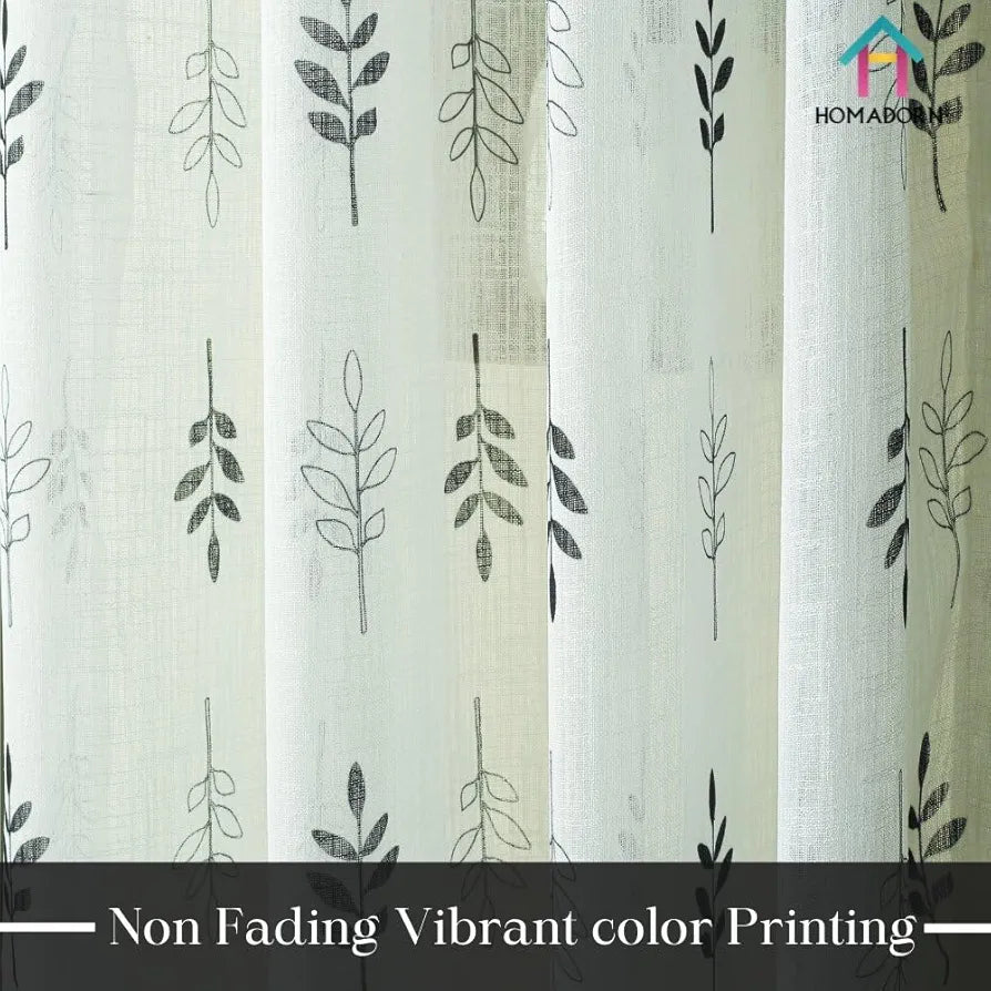 Homadorn Linen Sheer Printed Semi Transparent Curtains for Window Set of 2 Black Foliate