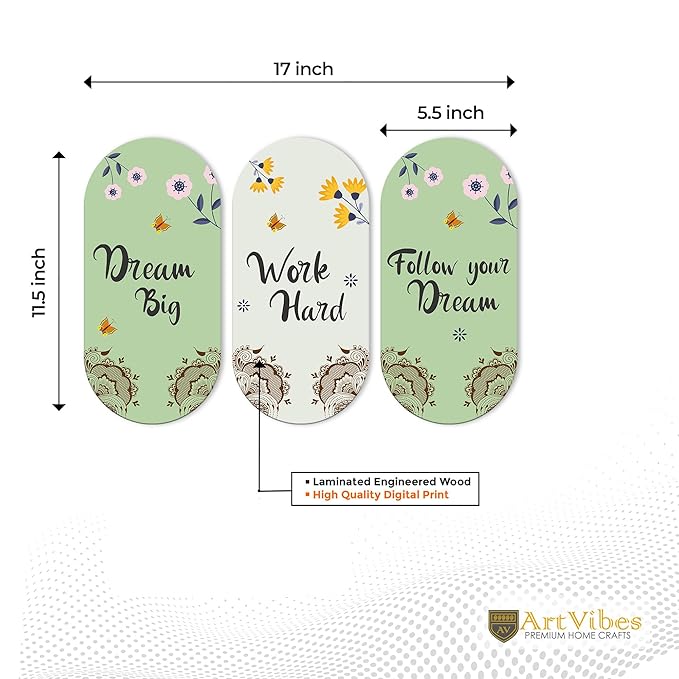 Artvibes Work Hard Motivational Quote Wall Hanging Decoration for Home | Wooden Decorative Hanger | Set of 3