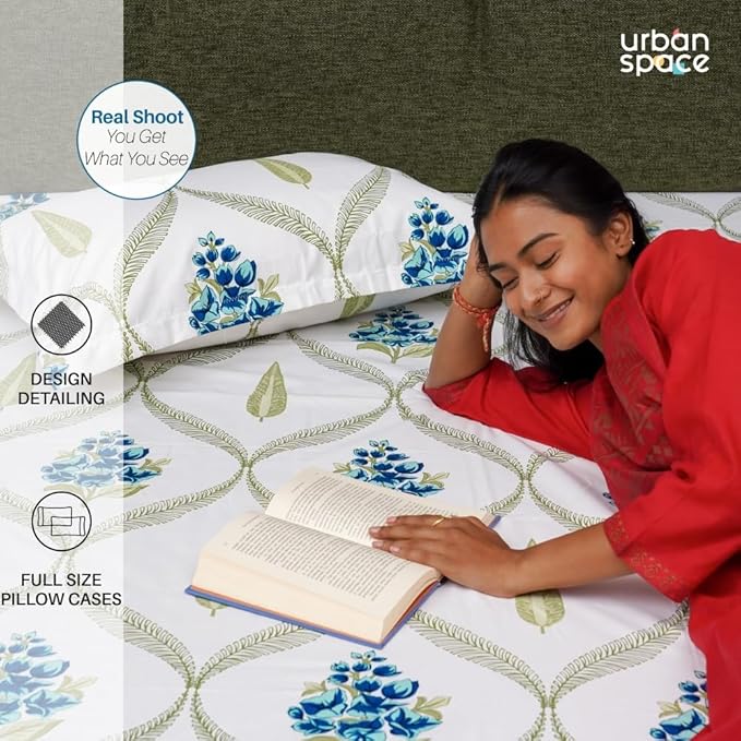 Urban Space Serene Bedsheet for Double Bed 2 Pillow Covers (Colour Floral Moroccan Blue)