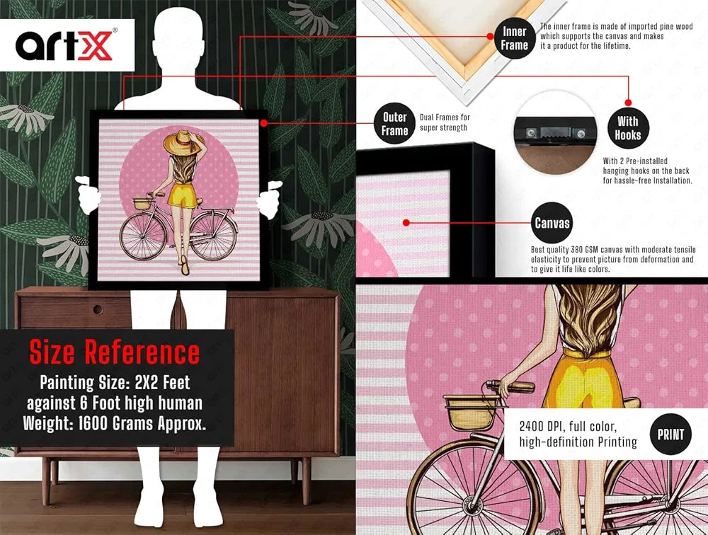 ArtX Woman Cycle Pink Background Pop Art Big Canvas Painting