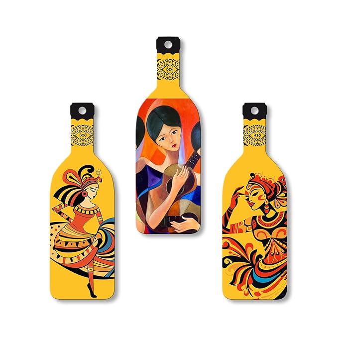 Artvibes Women Guitarist Wooden Wall Hanging for Home Decor | Set of 3