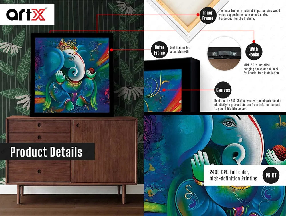 ArtX Ganesh Ji Big Canvas Painting With Frame Multicolour Square