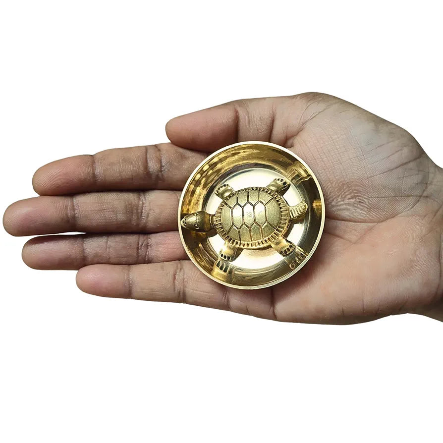 Anciently Feng Shui Tortoise for Good Luck | Brass Tortoise with Plate, Small Size, Brass, Gold Colour, 1 Set, Religious