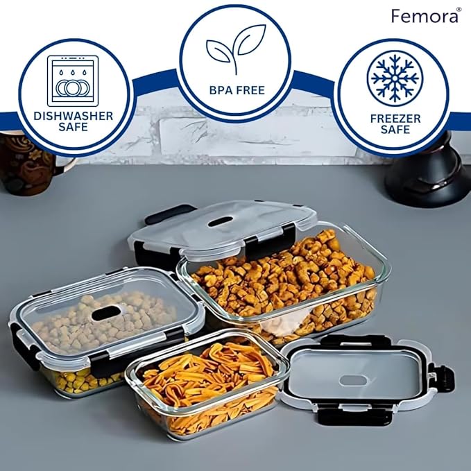 Femora Borosilicate Rectangle Microwave Oven Safe Glass Container With Dectahable & Break Free Lid | Black Color | 400 Ml