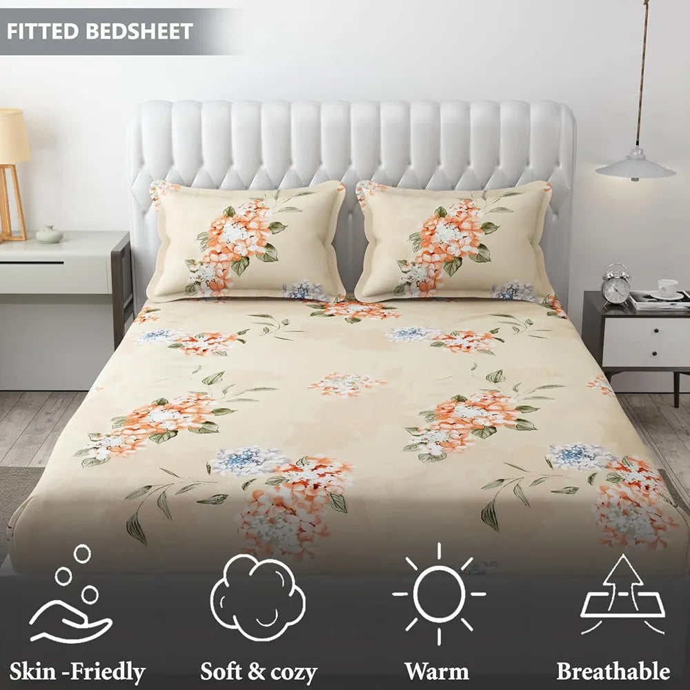 Fresh From Loom Elastic Fitted Floral Bed Sheets King Size Bed with Two Pillow Cover Rose Beige 144 TC