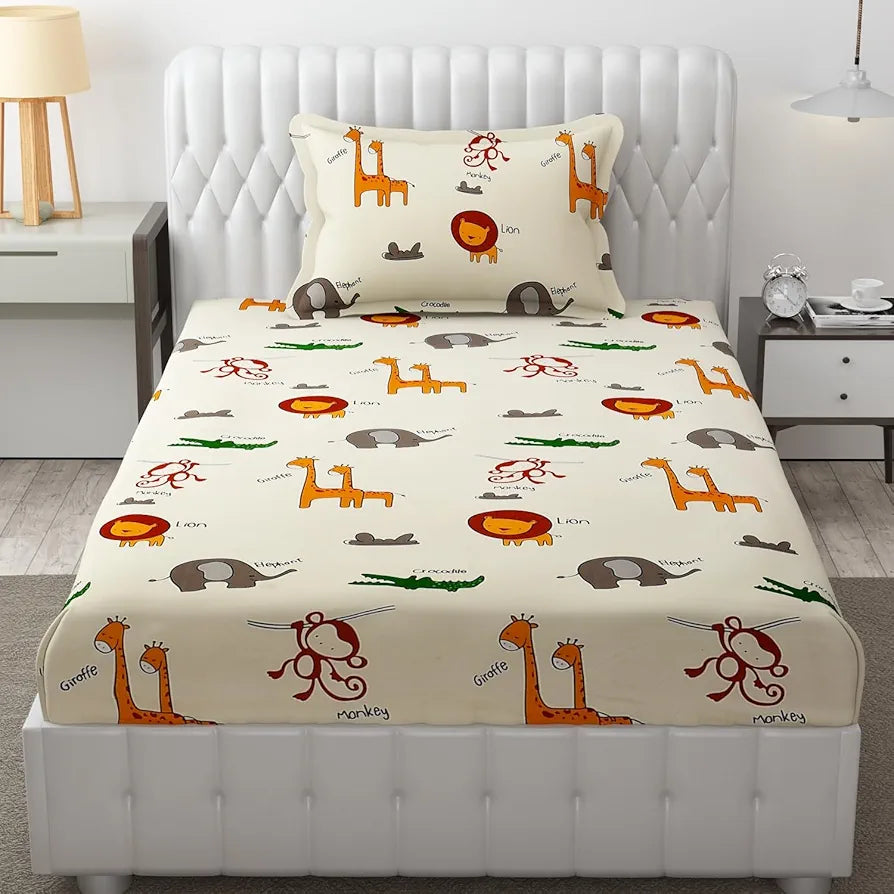 Fresh From Loom Glace Cotton Wrinkle Free Soft Hypoallergenic Bed Sheet Cartoon Printed Single Bedsheet Bedsheet with 1 Pillow Cover 144 TC Multi-Color 2