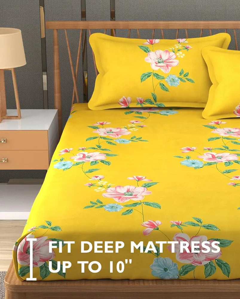Fresh From Loom Hypoallergenic King Size Floral Print Microfiber Bedsheet Set 240 TC Includes 2 Pillow Covers Daisy-Yellow