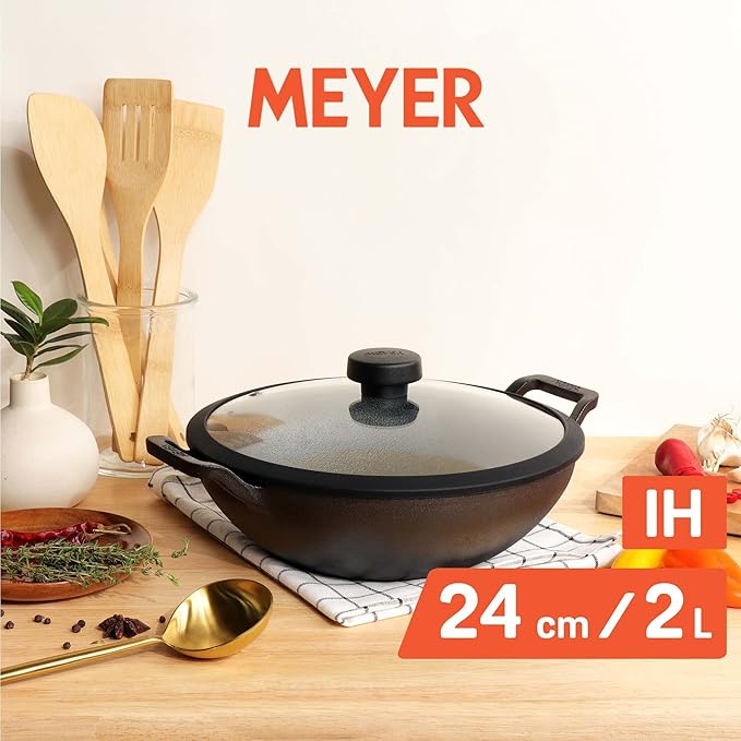Meyer Pre Seasoned Cast Iron Kadai | Iron Kadhai with Lid 24cm/ 2 Liters Black