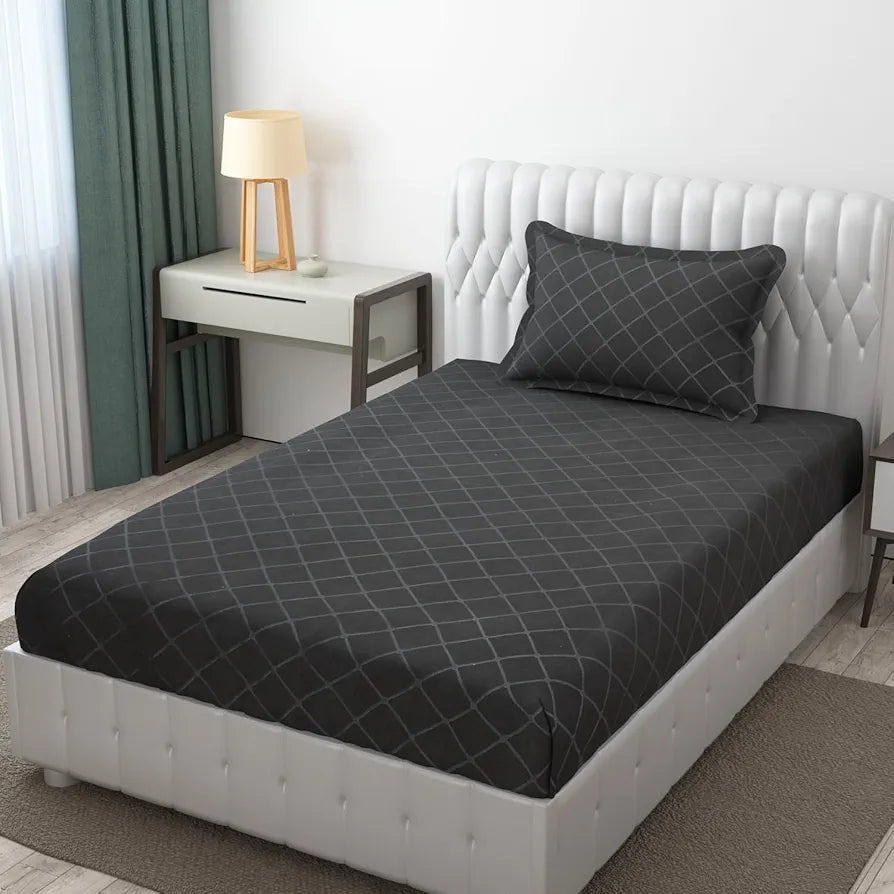 Fresh From Loom Microfiber Single Bed Geometric Bedsheet With 1 Pillow Covers 144 TC Grey Barfi