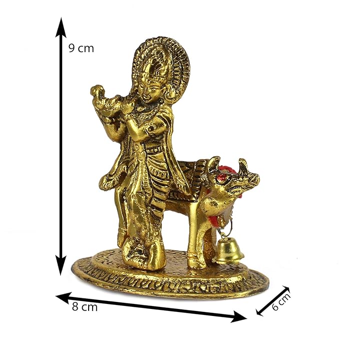 Ecraftindia  Lord Krishna Playing Flute With Golden Cow Showpiece | Metal | Golden