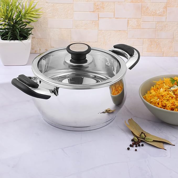 Vinod Durban Stainless Steel Saucepot Handi with Glass Lid - 2 Litre, 16 cm | Stylish Durable Handles