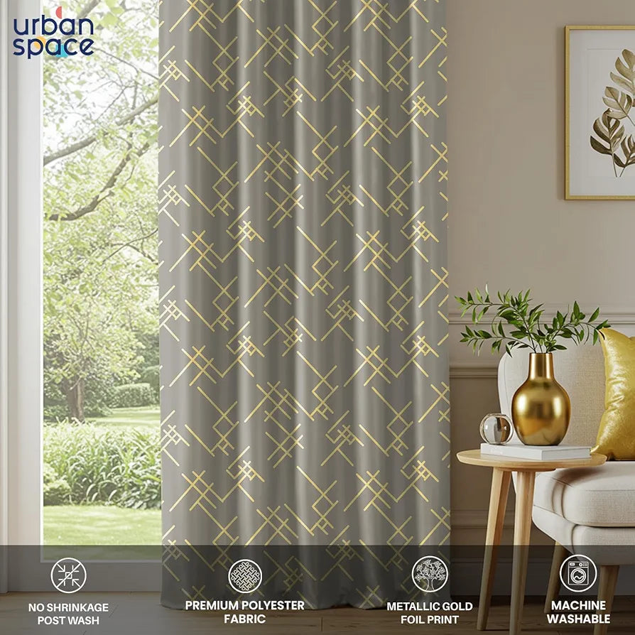 Urban Space Blackout Curtains for Living Room, Gold Foil Printed Luxurious Blackout Decorative Door Curtain Eyelet with Tieback, 1 Piece Criss Cross Ash Brown