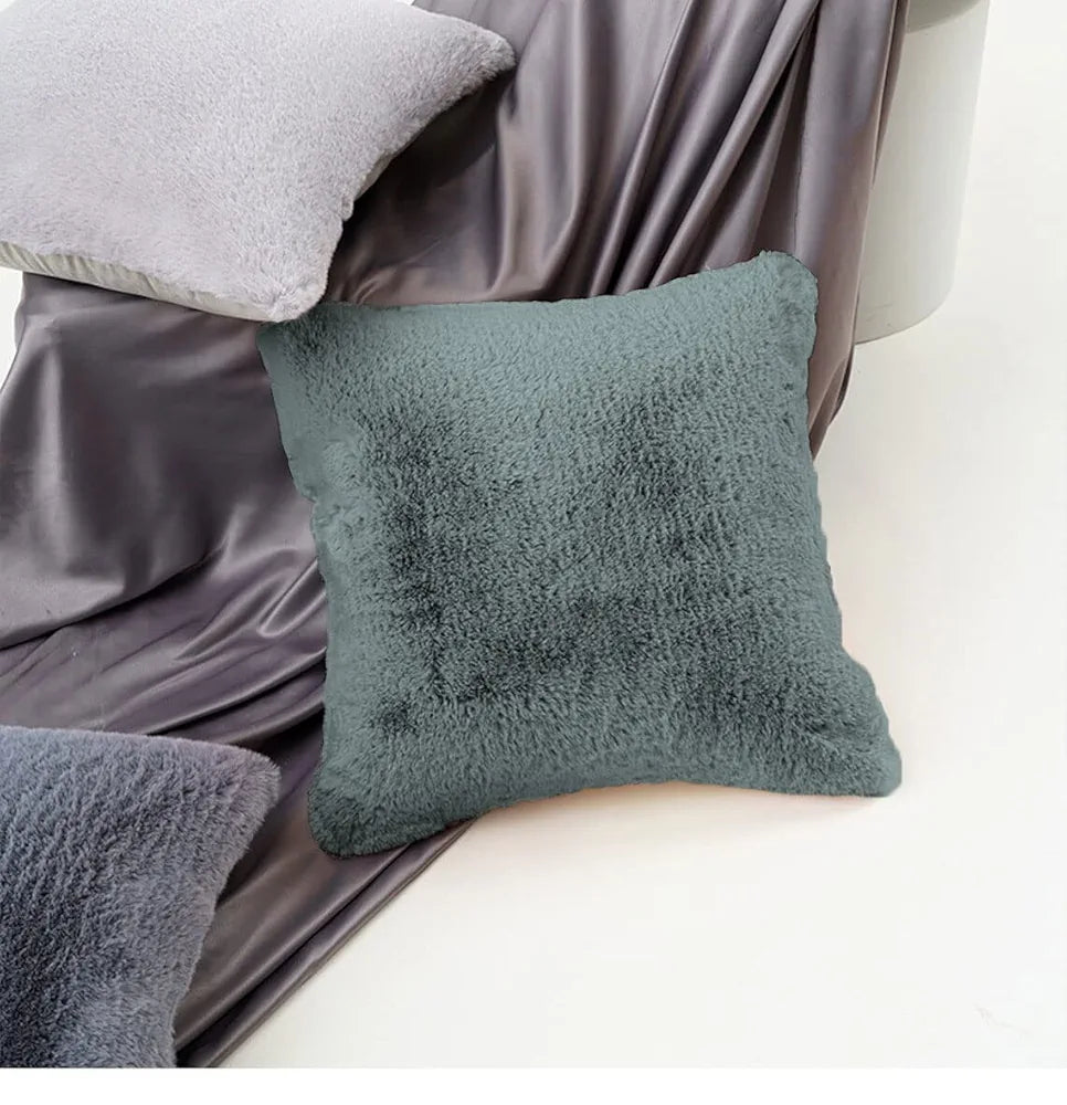 Luxe Home Cushion Cover One Side Rabbit Fur Plain Design Covers Set of 2 Colour Seige