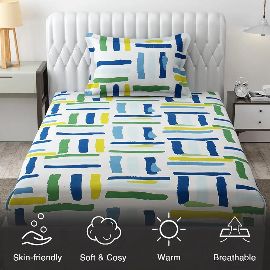 Fresh From Loom Microfiber Rotary Printed Bed Sheet Set Single Size with 1 Pillow Covers 144 TC Multi Line