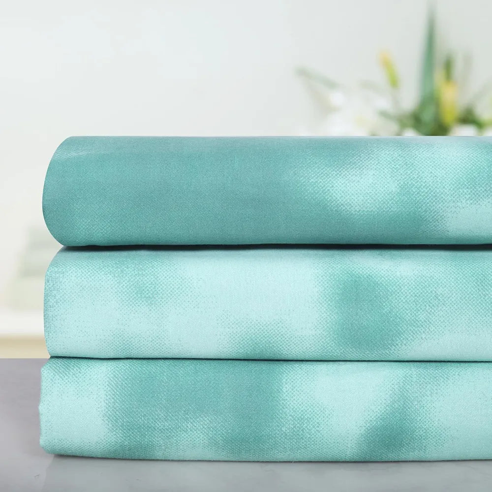 Cloth Fusion Glace Cotton Elastic 186tc Solid Fitted Bedsheet for Double Bed King Size with 2 Pillow Covers Tiedye Blue