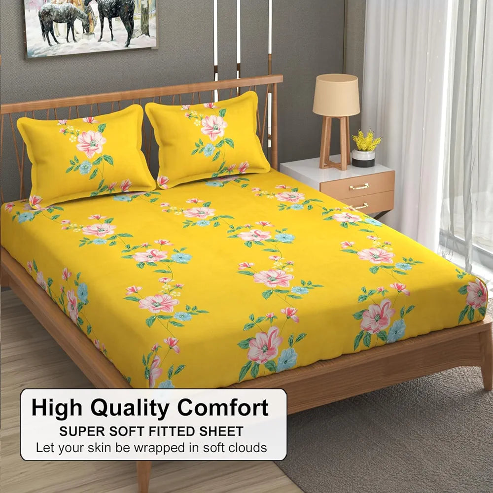 Fresh From Loom Hypoallergenic King Size Floral Print Bedsheet Set 240 TC Includes 2 Pillow Covers Daisy-Yellow