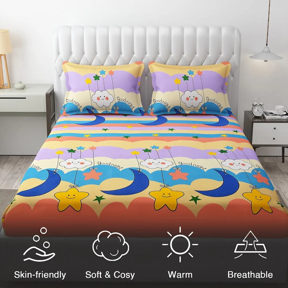 Fresh From Loom Animal 300 TC Elastic Fitted Bedsheet for Kids with Two Pillow Cover Moon Gud Night Queen Gud Night Multi Color