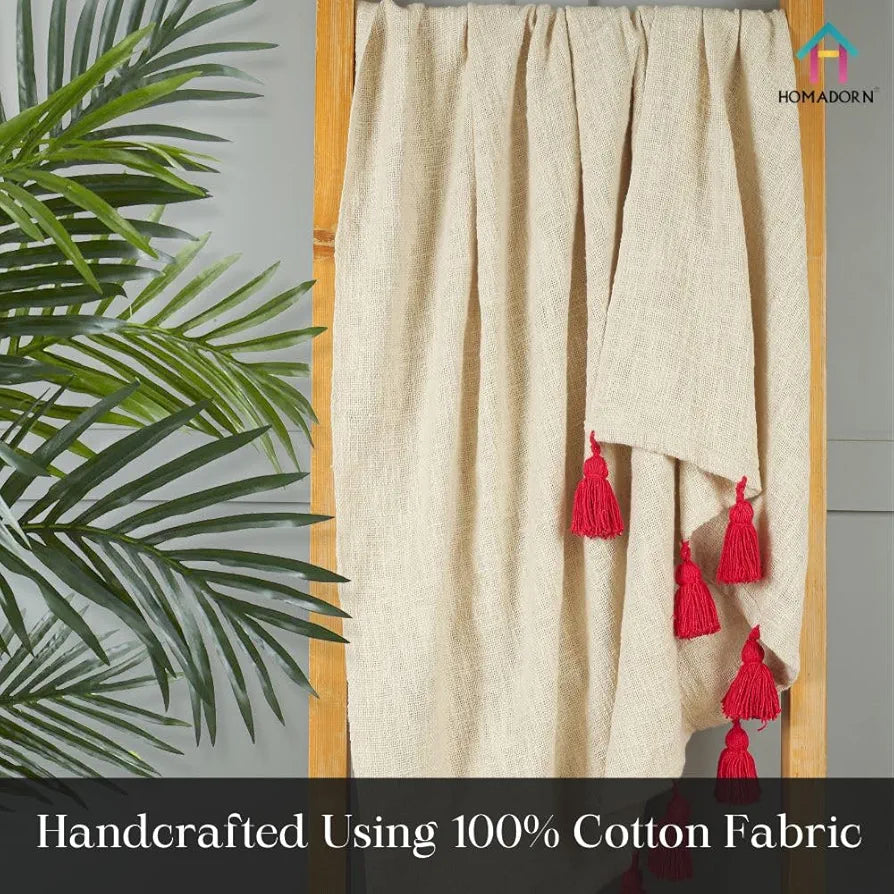 Homadorn 100% Cotton Off White Throw Blanket with Handmade Colorful Tassel Colour Red