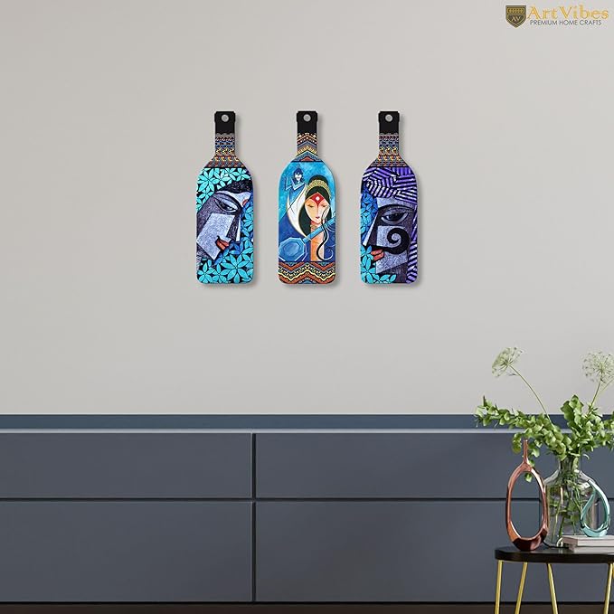 Artvibes Abstract Art Radha Krishna Wooden Wall Hanging for Home Decor | Set of 3