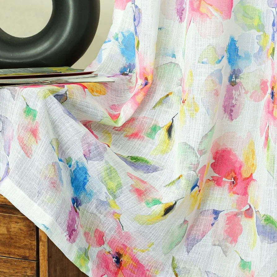 Homadorn Linen Sheer Printed Semi Transparent Curtains for Window Set of 2 Multi Watercolor