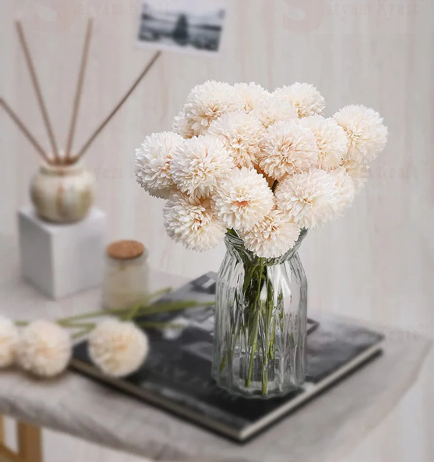 Artificial Chrysanthemum Hydrangea Ball Flower Sticks Off White