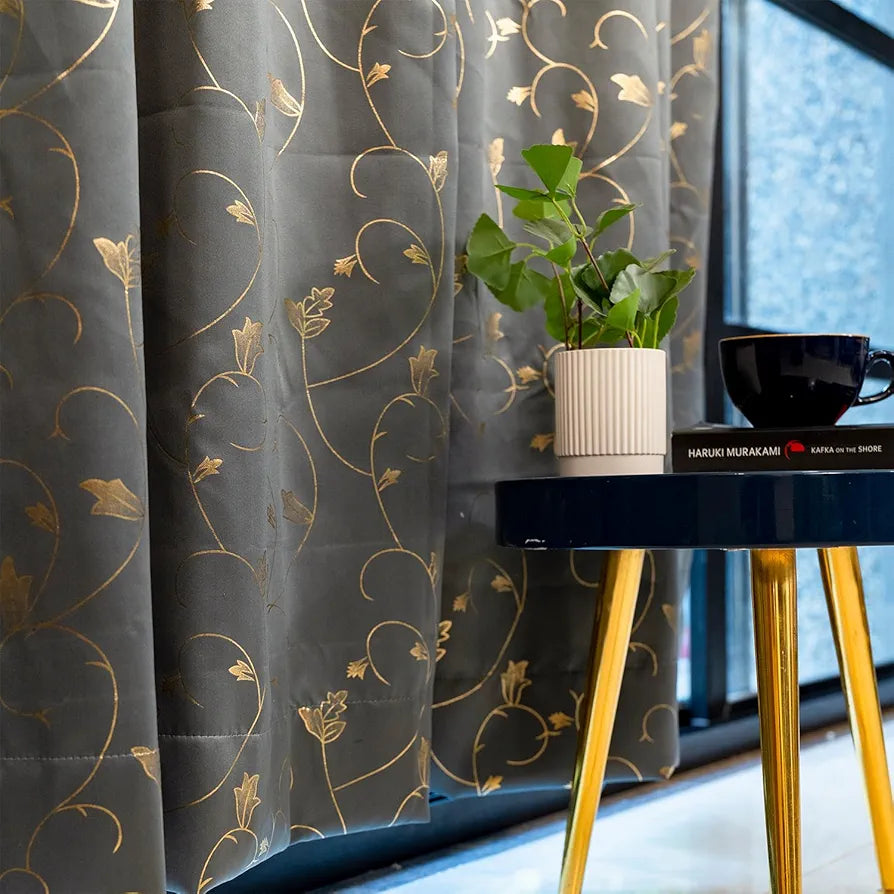 Urban Space Pure Blackout Opaque Curtains for Living Room, Gold Foil Printed Luxurious Blackout Opaque Curtains 1 Piece Pack Floral Vine Grey