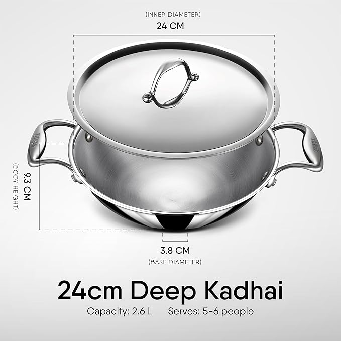 Stahl Artisan Triply Stainless Steel Round Bottom Kadhai With Lid | Extra Deep Kadai | Stainless Steel Cookware | 2.6 L | 24 Cm