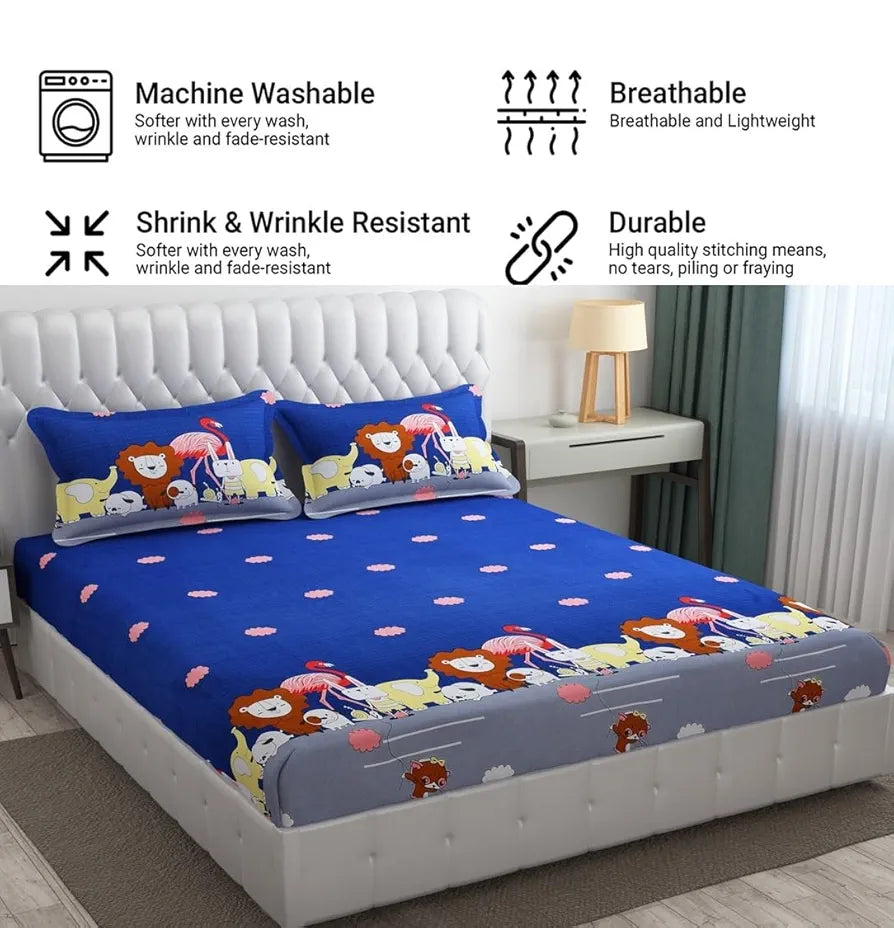 Fresh From Loom Bed Sheet Cartoon Printed Double Bedsheets King Size for Kids with 2 Pillow Cover 144 TC Animal-Blue