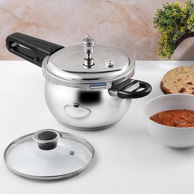 Vinod Splendid Plus Stainless Steel Pressure Cooker Outer Lid 3.5 Litre | SAS Bottom Handi Cooker | Extra Glass Lid