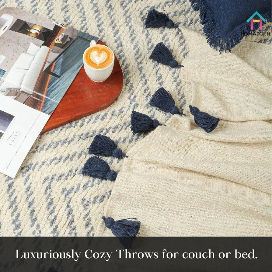 Homadorn 100% Cotton Off White Throw Blanket with Handmade Colorful Tassel Colour Navy Blue