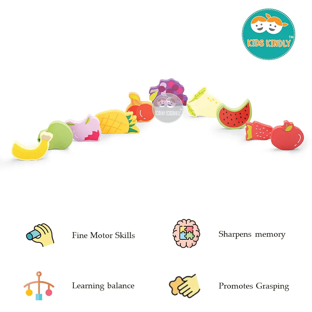 KIDS KINDLY Wooden Stacking and Sorting Puzzle - Fruits Theme, Jigsaw Puzzle, Wooden Toys for Kids, Age 3+