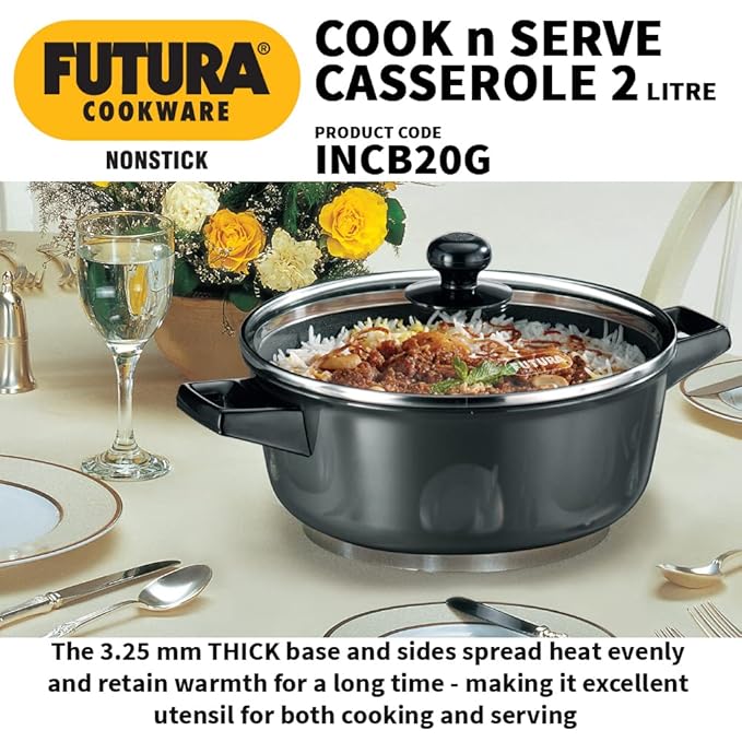 Hawkins Futura 2 litre Cook N Serve Casserole Non Stick Saucepan with Glass Lid