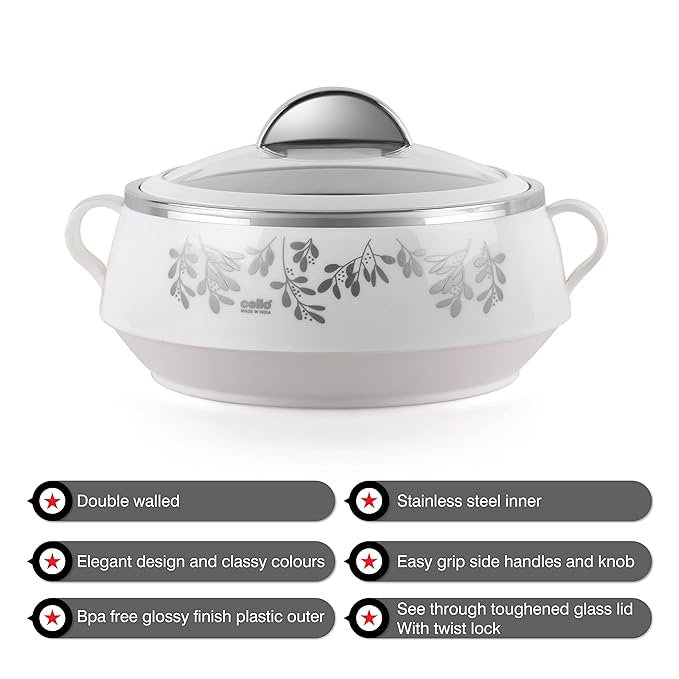Cello Glitter Casserole With Inner Steel | Insulated Stainless Steel Inner Body Casserole Set for Meal | Set of 3