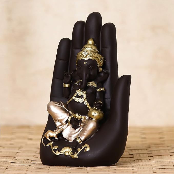 Ecraftindia Golden Handcrafted Palm Ganesha Decorative Showpiece