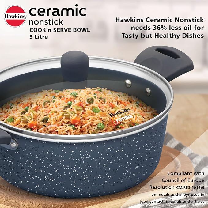 Hawkins Ceramic Nonstick Cook n Serve Bowl with Glass Lid 3 Litre Induction