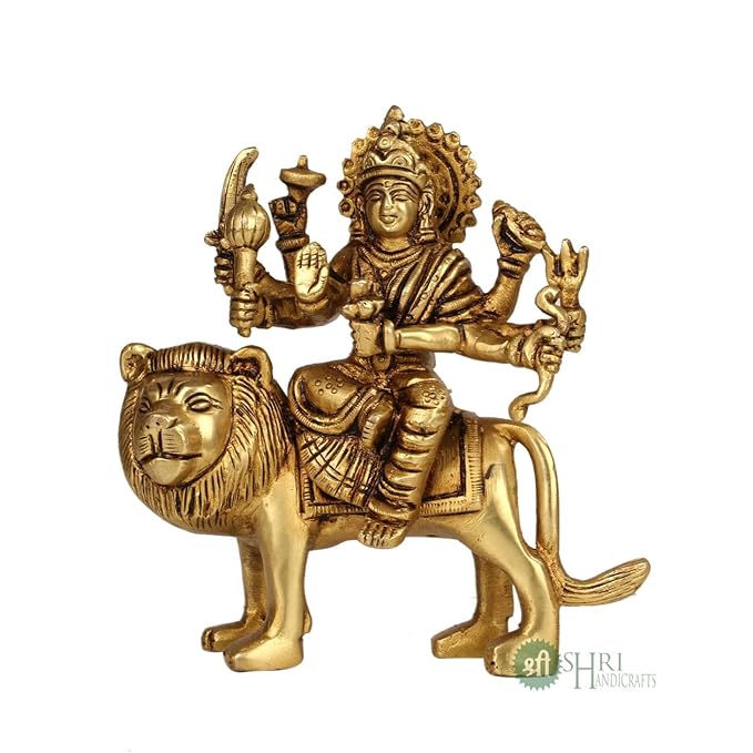 Indicast Brass Maa Durga Idol Sitting on Lion Maa Sherwali Murti for Home Mandir Office Navratra Puja | Height 13 Cms