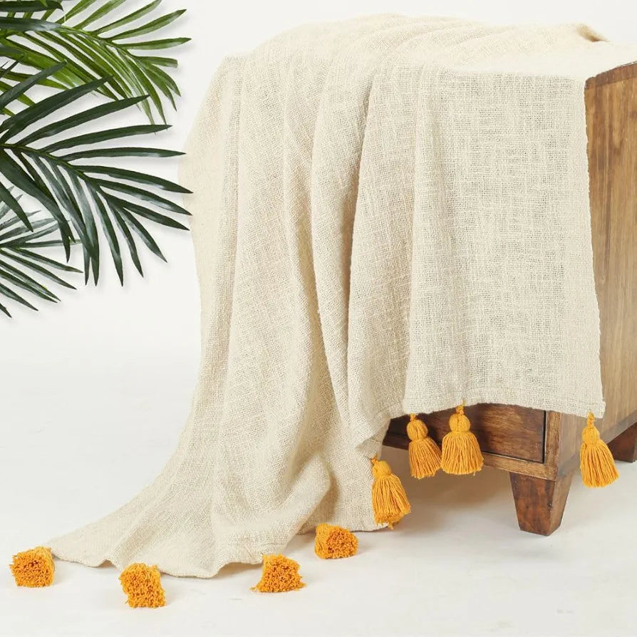 Homadorn 100% Cotton Off White Throw 300 TC Blanket with Handmade Colorful Tassel Colour Mustard