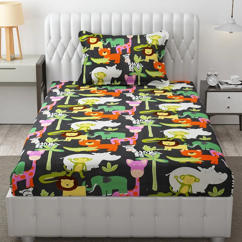 Fresh From Loom Glace Cotton Elastic Fitted Bed Sheet with 1 Pillow Cover Cartoon Printed Bedsheet Black Animal 300 TC Multicolor