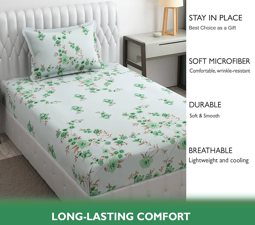 Fresh From Loom Floral Print 240 TC Microfiber Single Bed Bedsheet Set with 1 Pillow Covers Soft-Cyan
