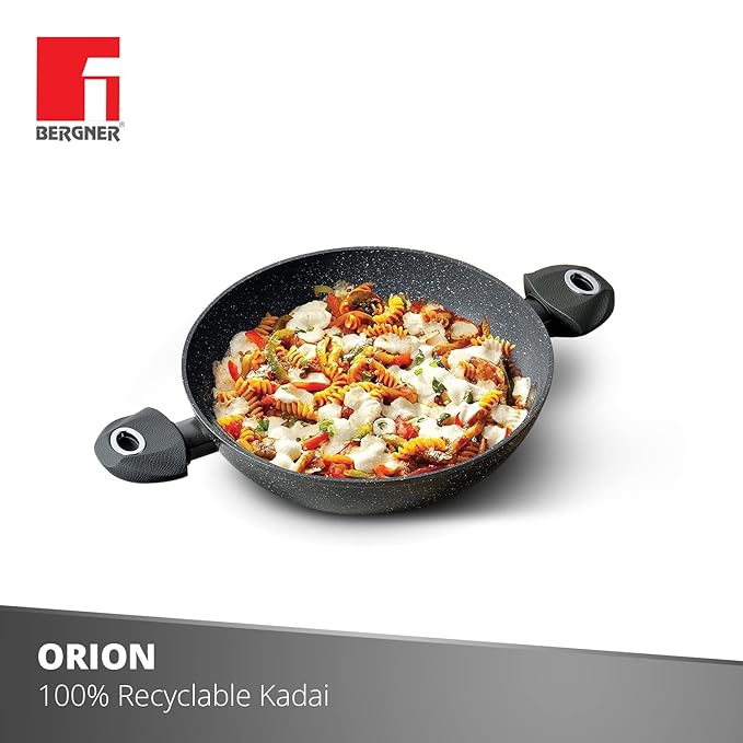 Bergner Orion Nonstick 24 Cm Shallow Kadai | Glass Lid | 2.3 Litres