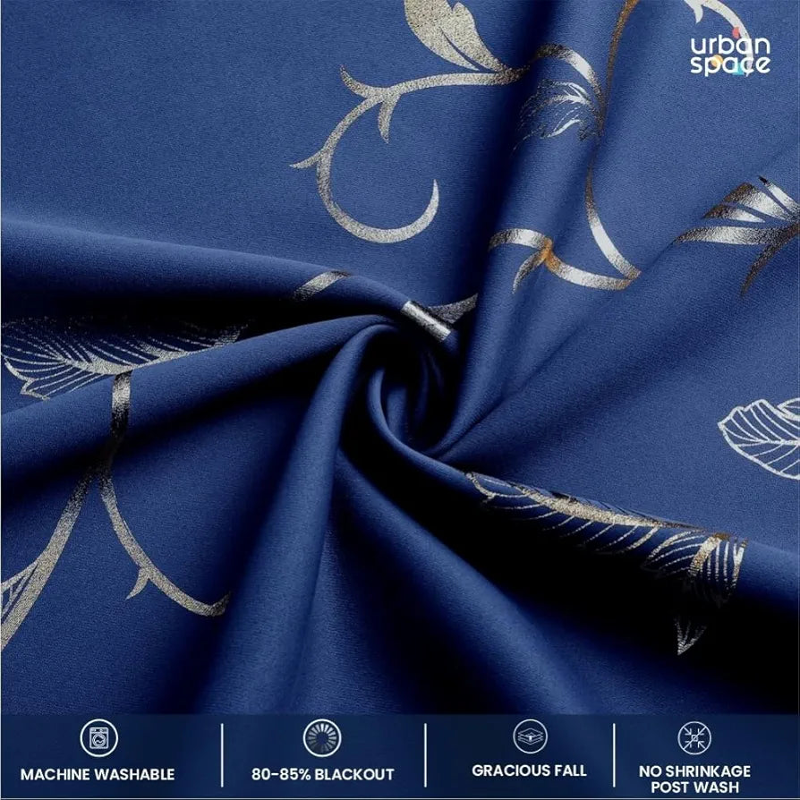 Urban Space Pure Blackout Opaque Curtains For Living Room, Gold Foil Printed Luxurious Blackout Opaque Curtains Eyelet With Tieback, 1 Piece Pack, Vine Navy Blue
