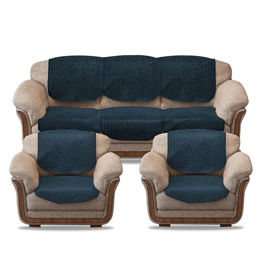 Cloth Fusion Italian Velvet Sofa Cover 5 Seater Set Perfect Floral Embossed Sofa Cover 3 Seater and 2 Seater Blue